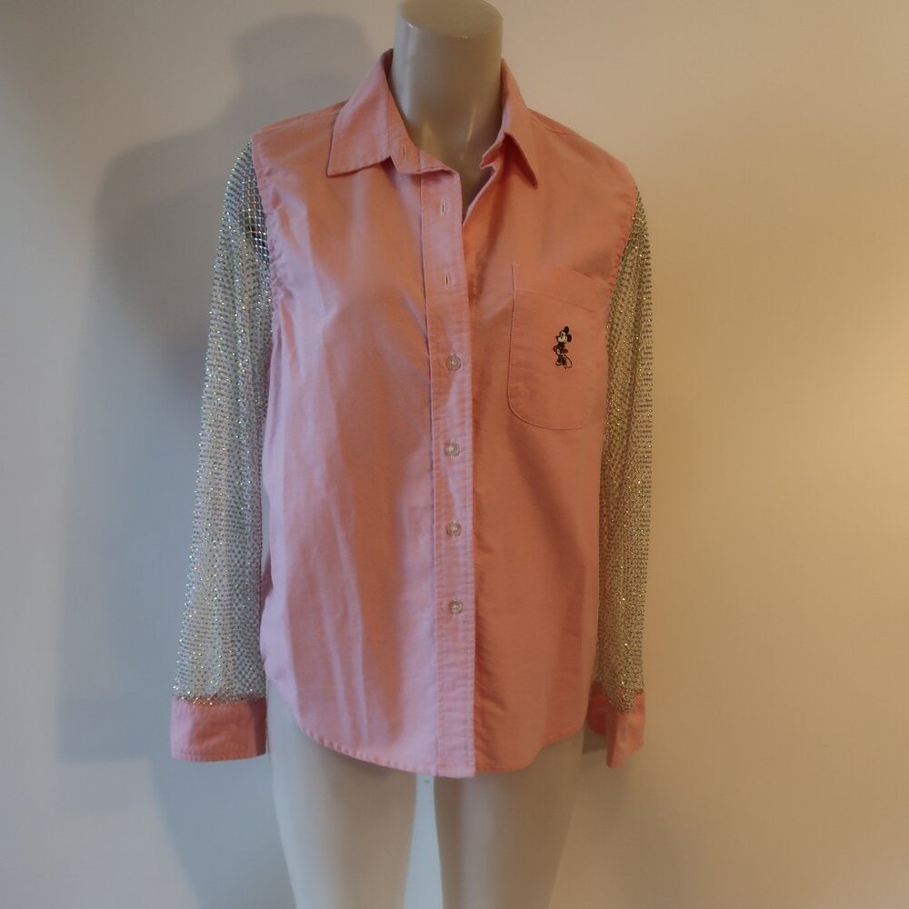 Womens OPD New York Pink Silver Sequin Fishnet Sleeve Minnie Mouse Button Top S